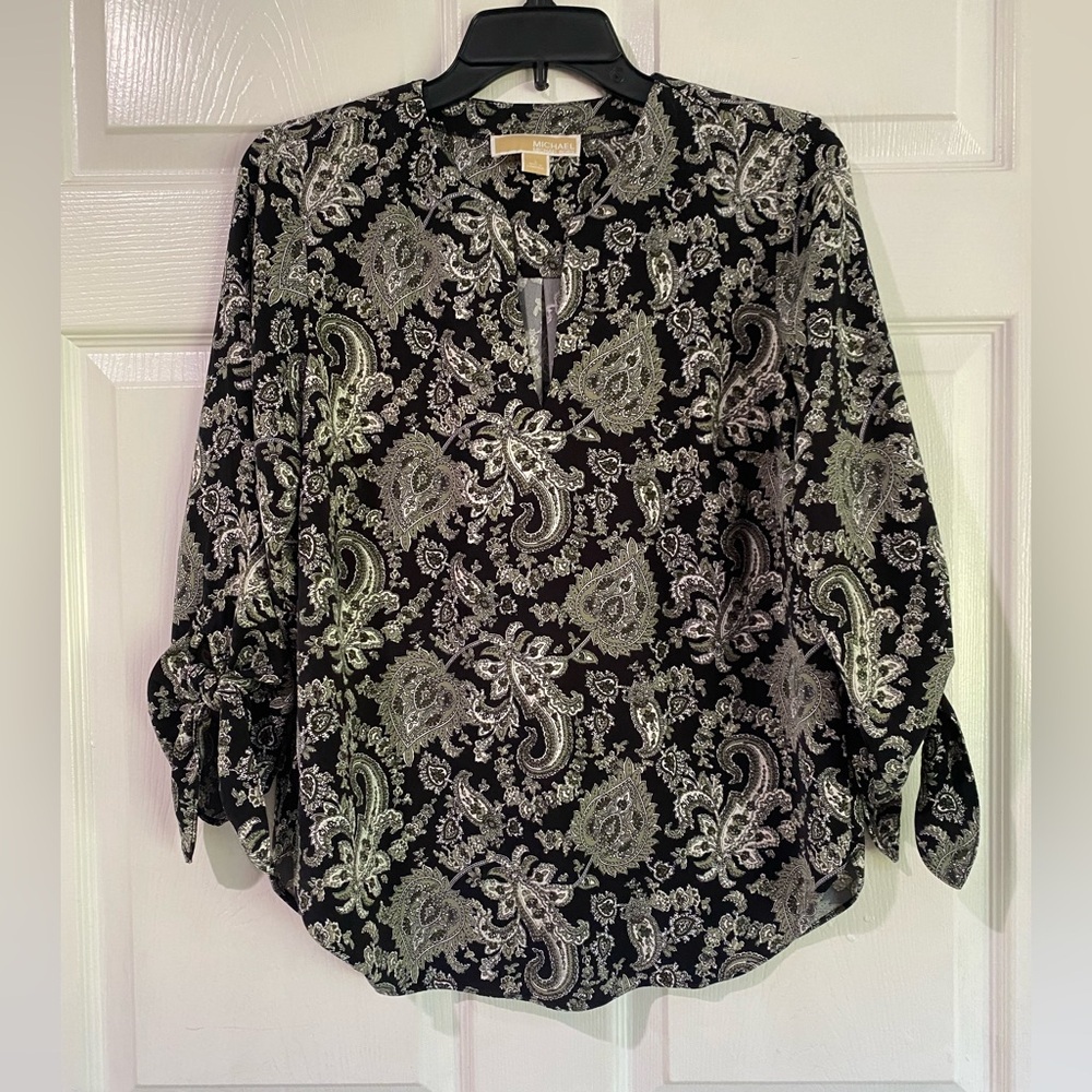 Michael Kors Womens Black Gray Paisley Tie Sleeve Lightweight Blouse Top Small